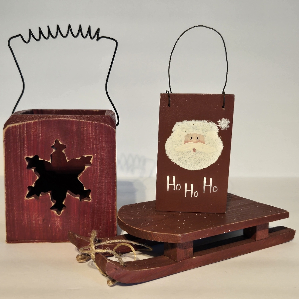 VTG Handpainted Wood Ornaments 3PCS Burgundy Snowflake Basket/Sled/Santa Block